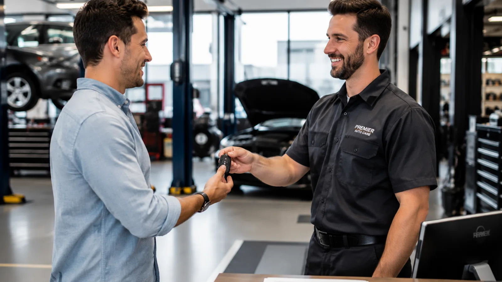 Service advisor handing car keys back to a customer at the shop counter