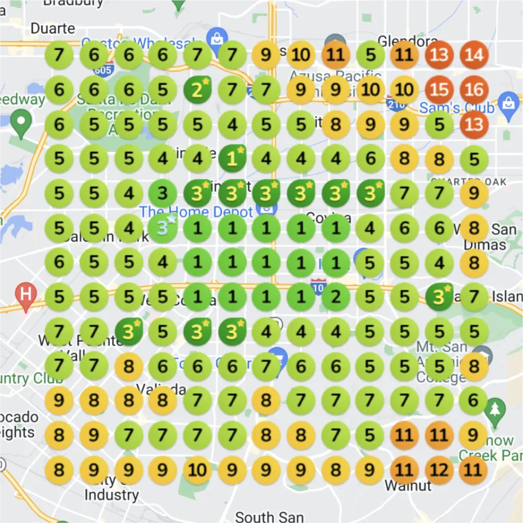 An anonymized local search visibility heatmap after optimization