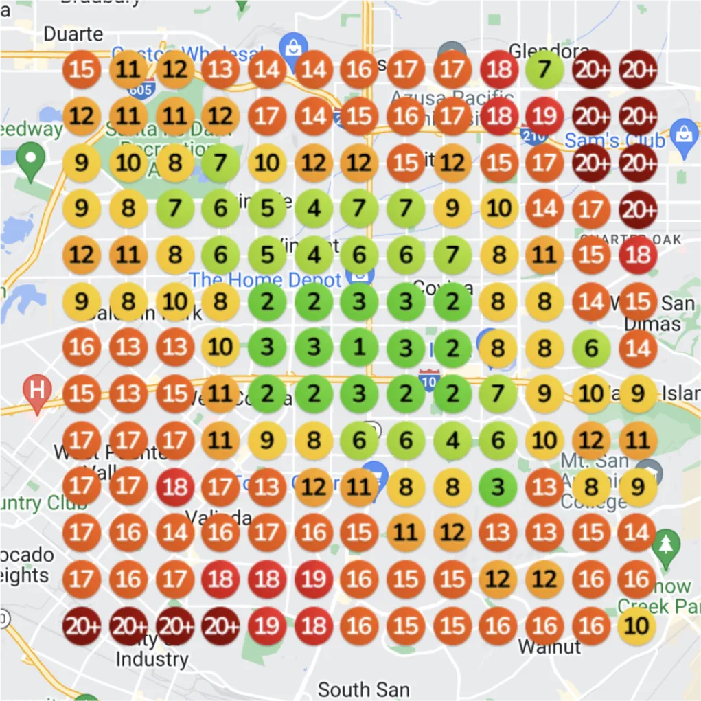 An anonymized local search visibility heatmap before optimization